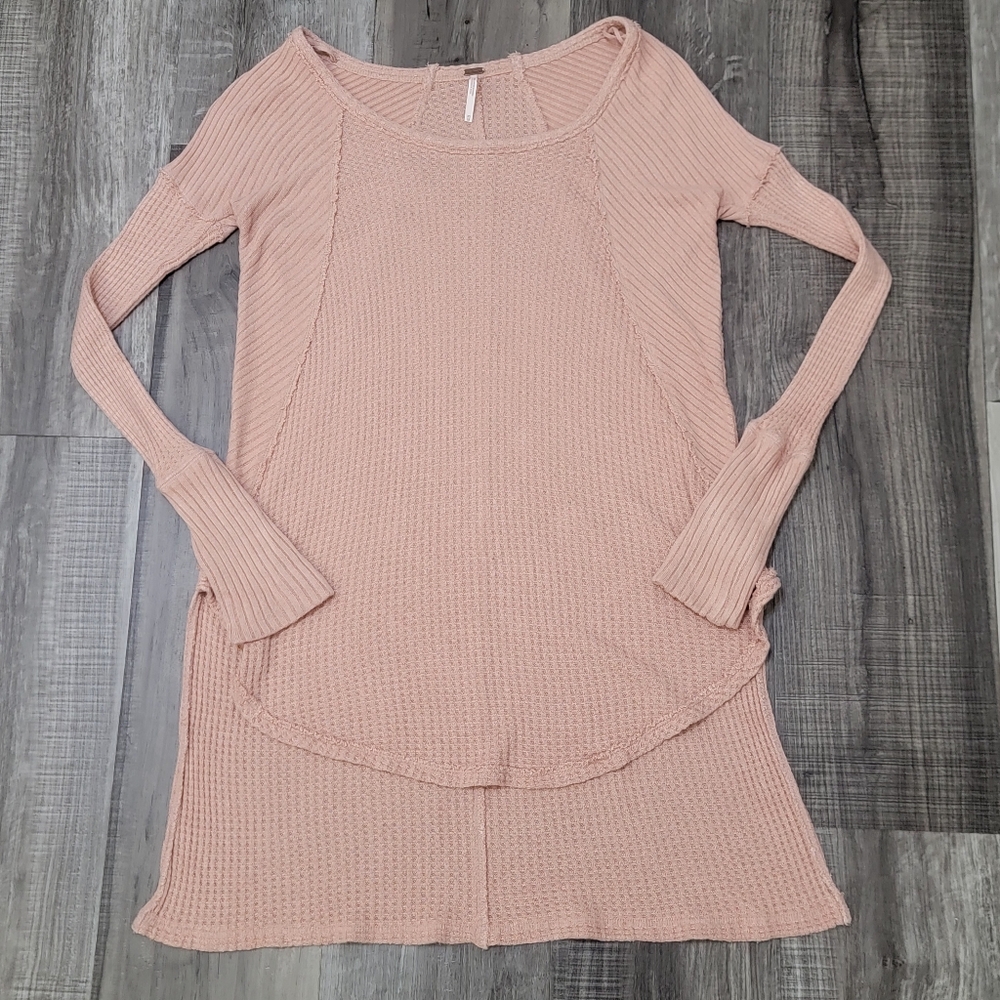 Free People Faded Rose Pink Drippy High Low Tunic Thermal Knit Top - Picture 3 of 12